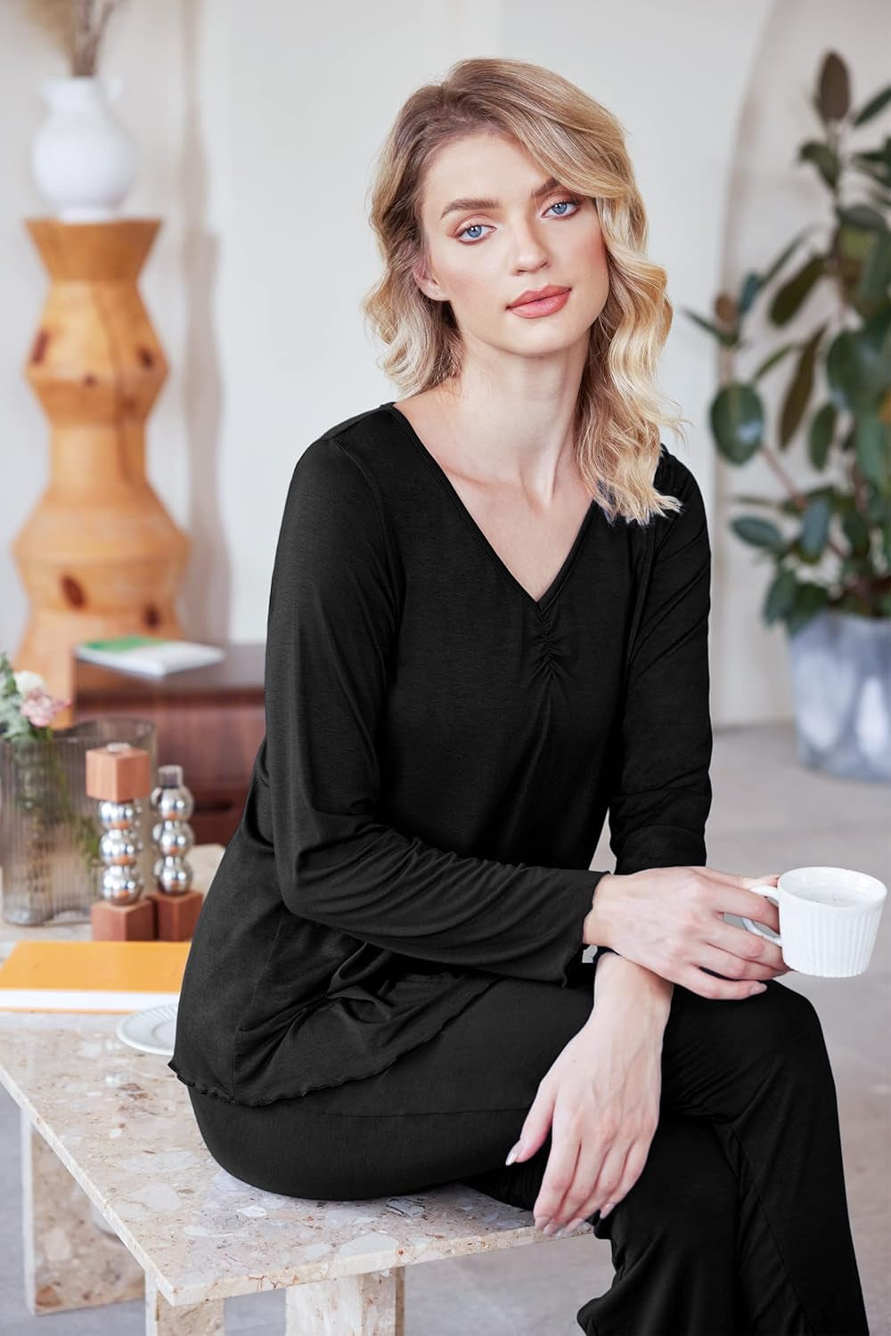 Womens Pajama Sets 2 Piece Lounge Set Fall Winter Pajamas Long Sleeve Pjs Top and Pants Soft Pj Sets Loose Sleepwear