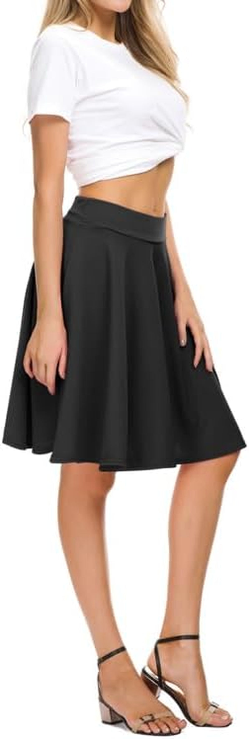 Women'S Basic Midi Skirt Versatile Stretchy Flared Casual High Waisted Skirt