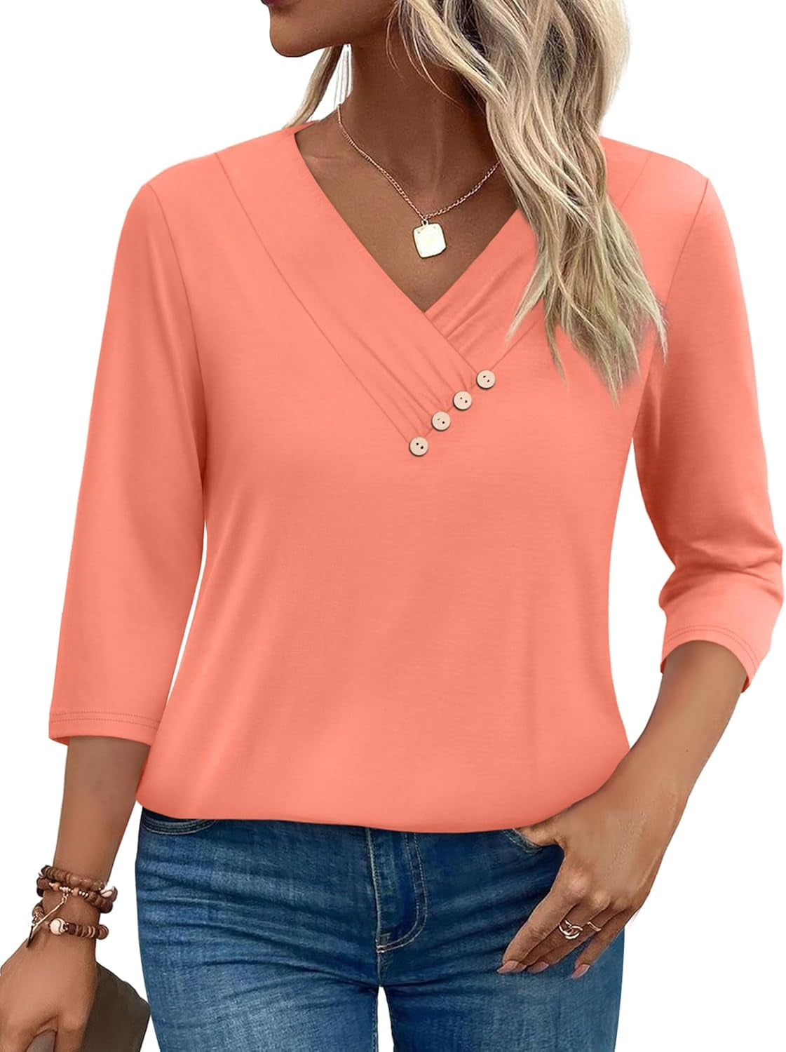V Neck Blouses for Women Dressy Casaul 3/4 Length Sleeve Womens Tops Button down Shirts