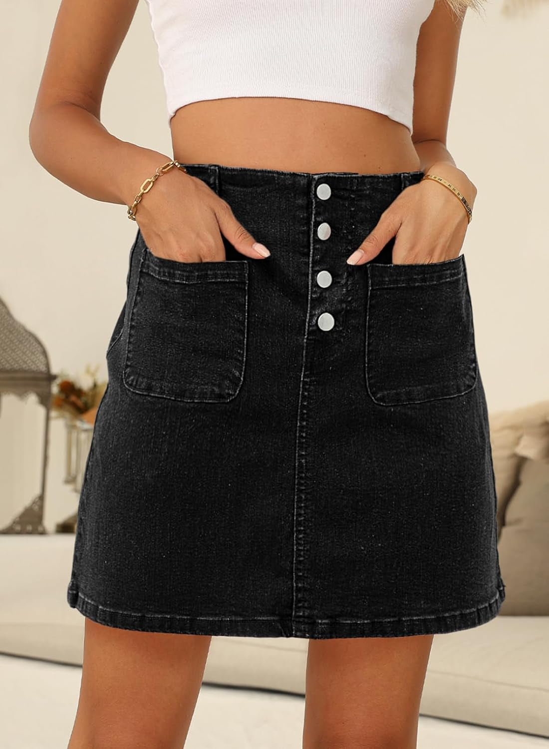 Women'S Jean Skirt High Waist Summer Stretch Zimbaplatinum Denim Skirt Button Knee Length Skirt with Pockets