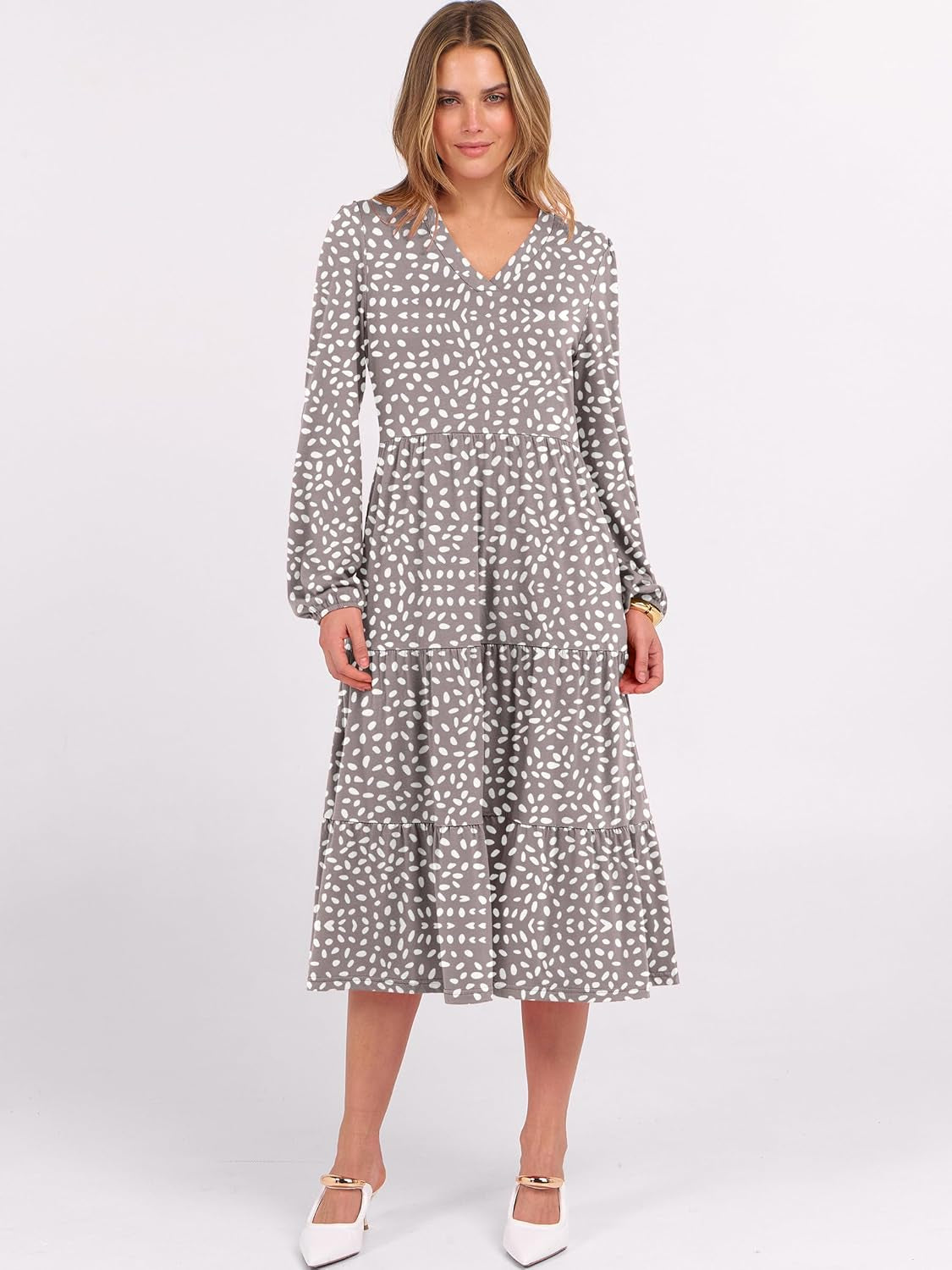 Women'S Long Lantern Sleeve Floral Midi Dresses 2025 Fall V Neck Casual Flowy A-Line Tiered Boho Vacation Long Dress