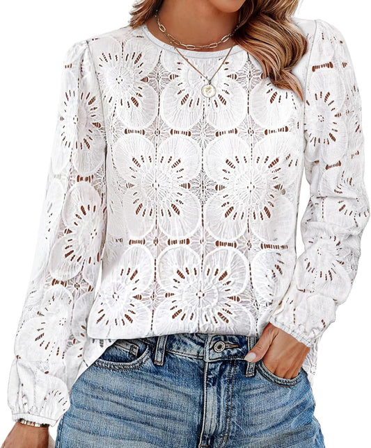 Blouses for Women Dressy Casual Fall Fashion Long Sleeve Shirts Flower Lace Tops Trendy Spring Summer Outfits