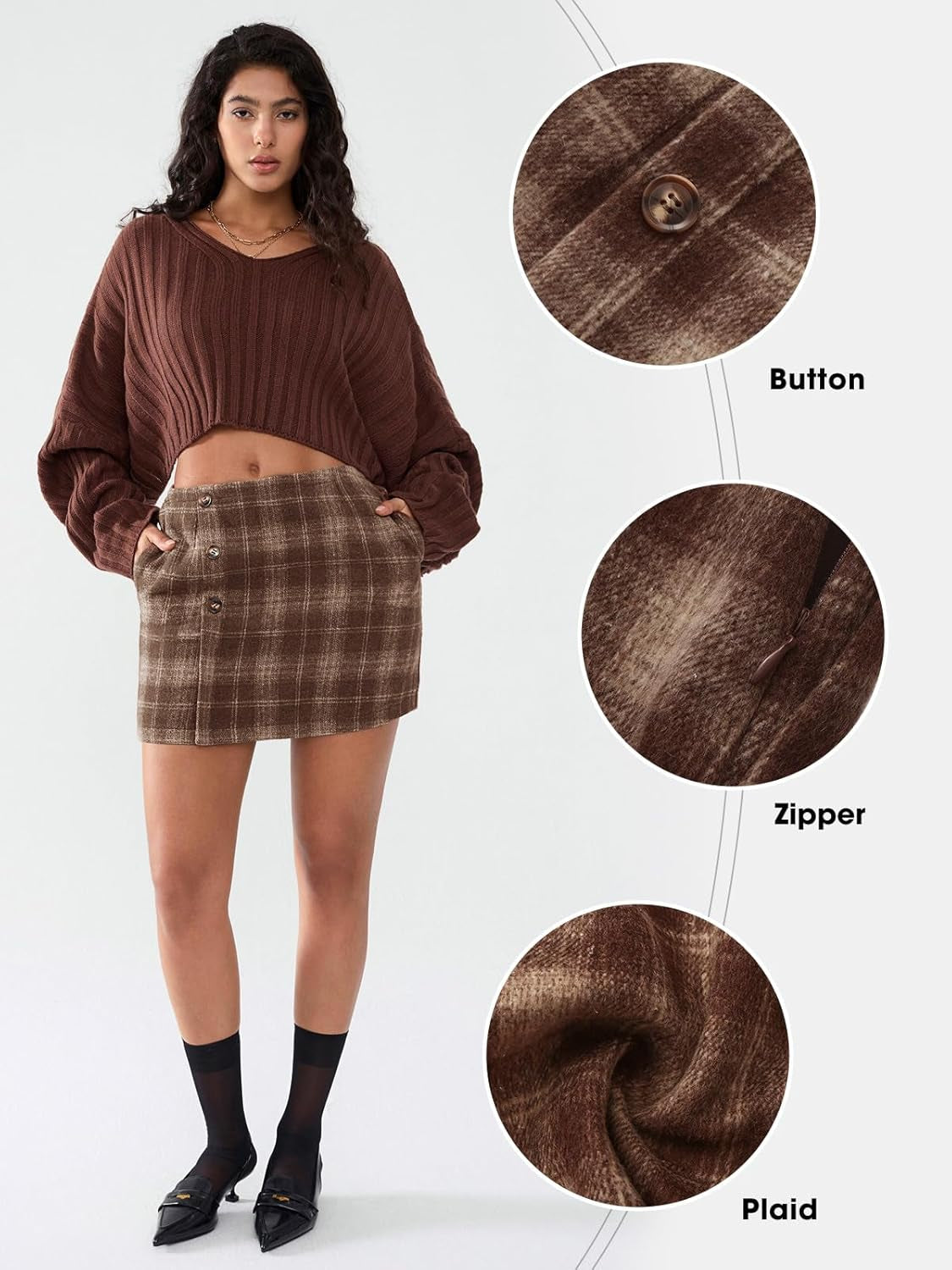 Womens Faux Wool Plaid Mini Skirt Elastic High Waisted Tweed Skirts Button Bodycon Skirt Fall Winter Outfit Pocket