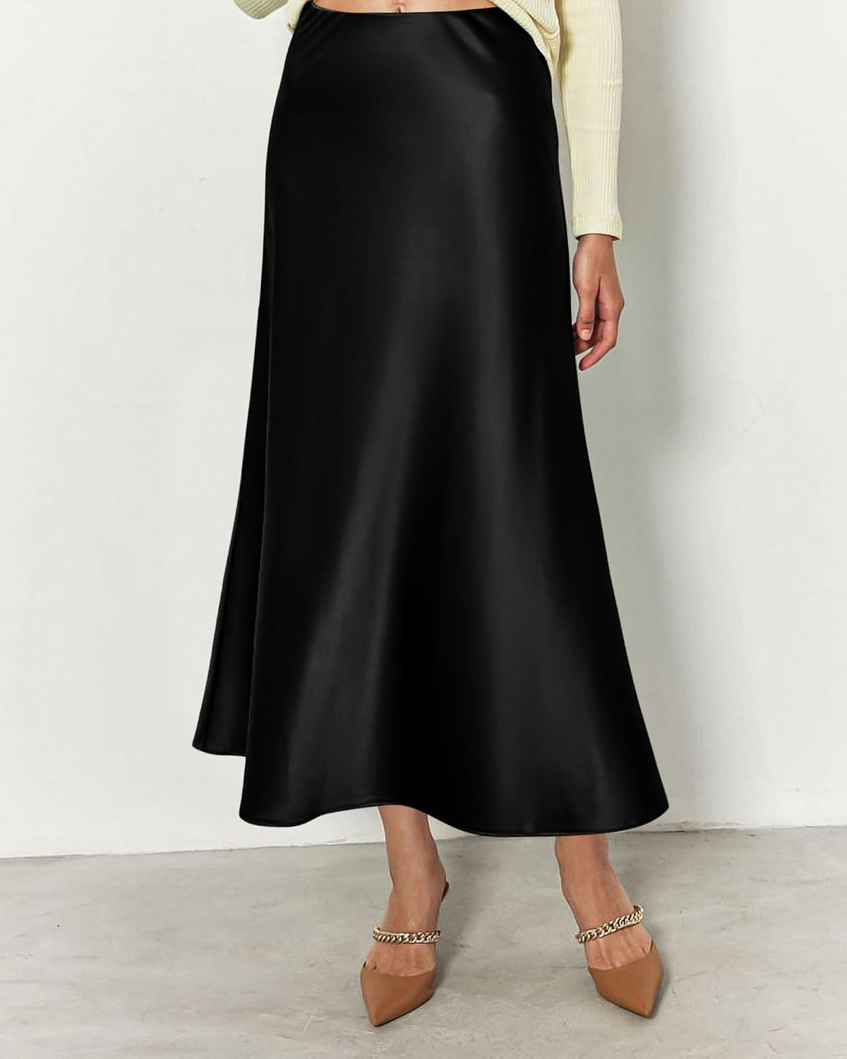 2025 Womens Summer Fall Long Satin Skirt Silk Elegant High Waist Cocktail Party Wedding Flowy A-Line Midi Skirts