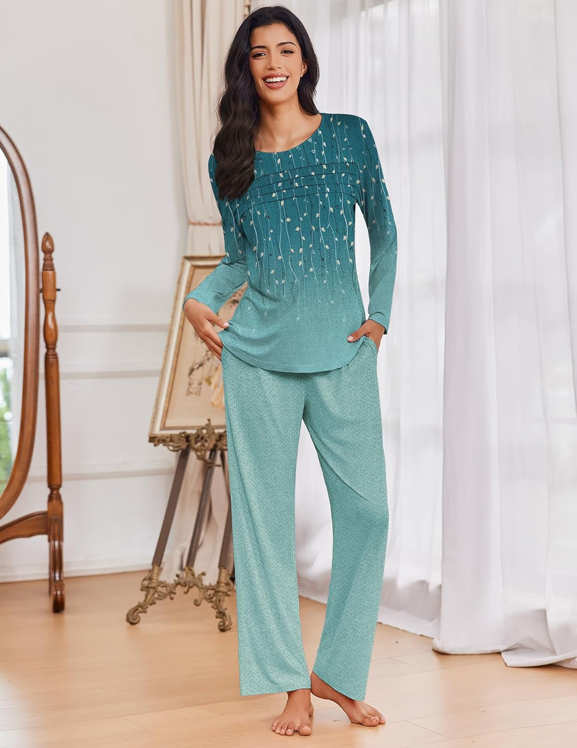 Womens Pajama Sets Pleated Tops with Long Pants Lounge Set Long Sleeve Fall Sleepwear Ladies Pjs S-XXL