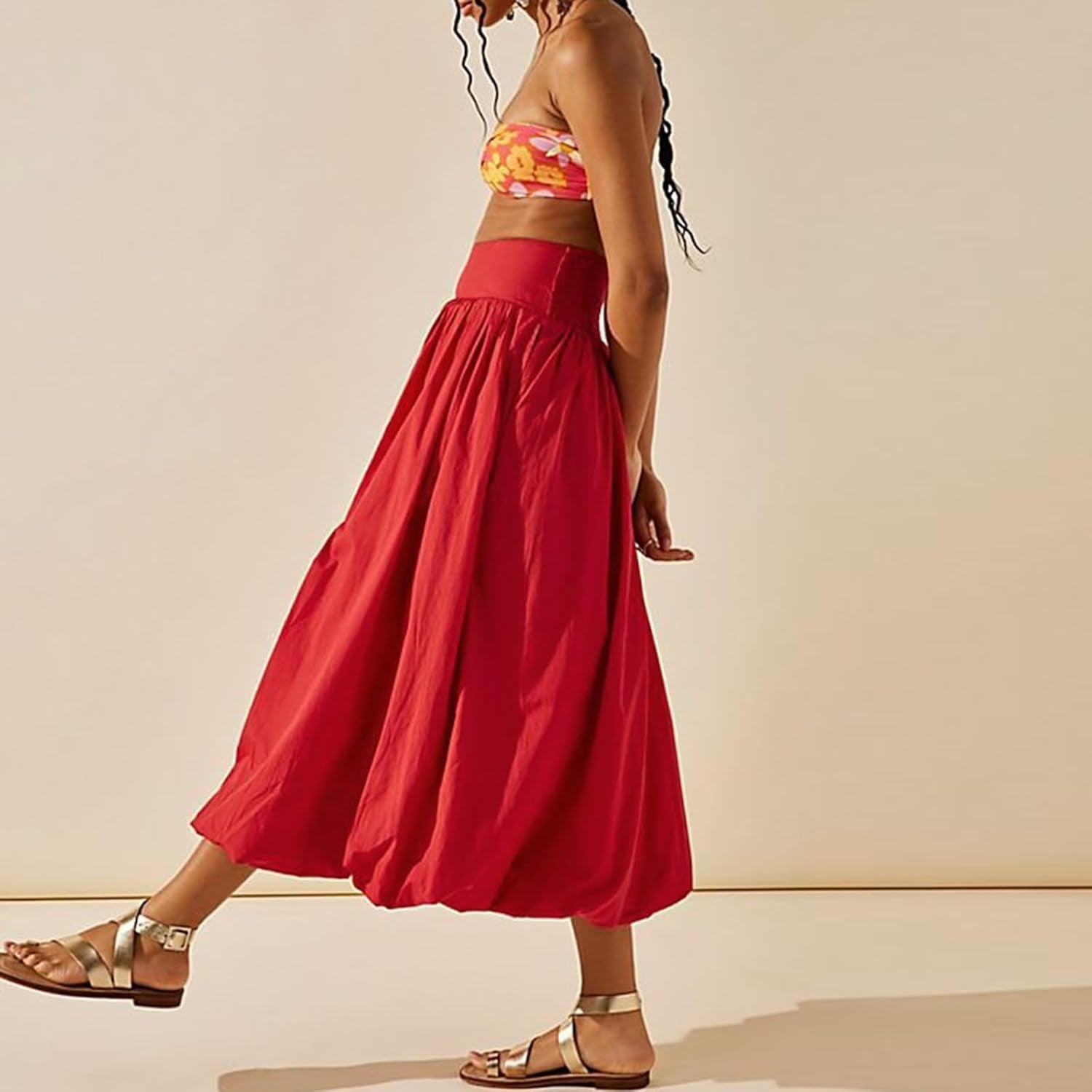 Women Y2K Bubble Maxi Skirt Low Elastic Waist a Line Long Skirt Summer Casual Ruffle Pleated Midi Dress