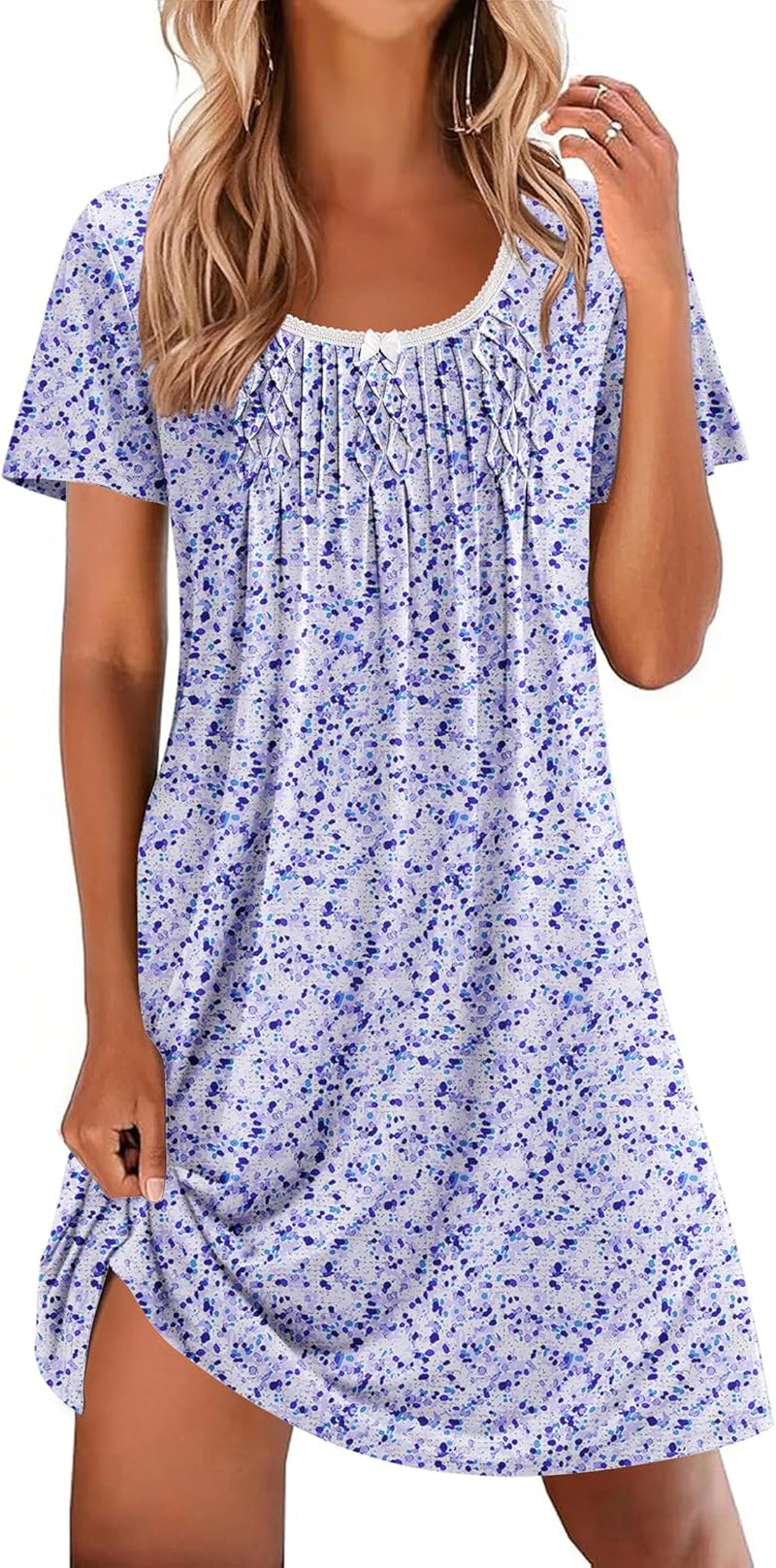 Nightgowns for Women Pleated Sleep Shirts Short Sleeve Night Shirts Lace Trim Night Gown Ladies Sleep Dress