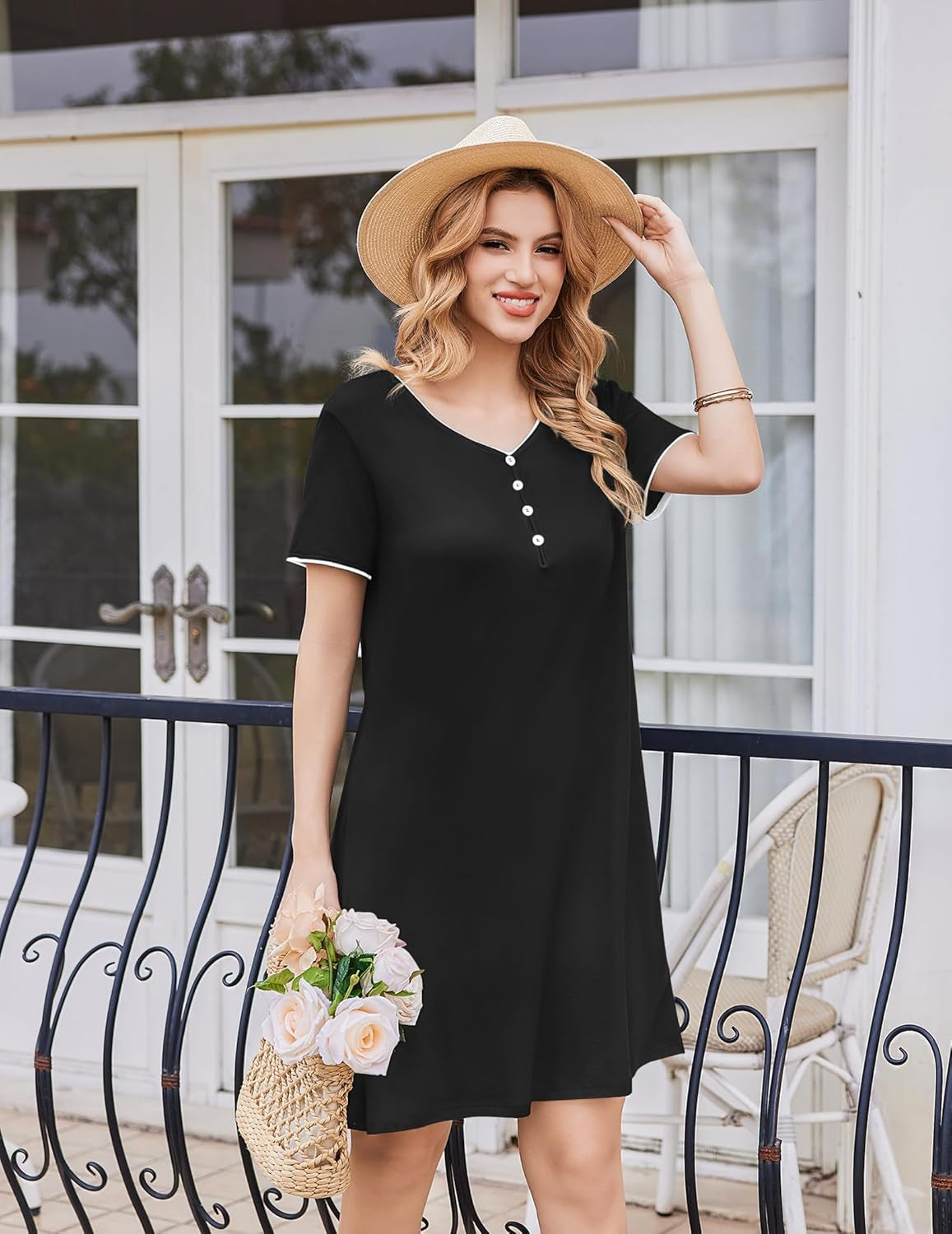 Sleep Shirts for Women Nightgown Short Sleeve Night Shirts V Neck Casual Print Sleepwear Dress S-2XL