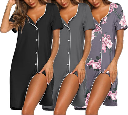 Nightgowns for Women 3 Pack Sleep Shirts Button down Pajama Dress Short Sleeve Nightshirt Sleepwear Nightdress