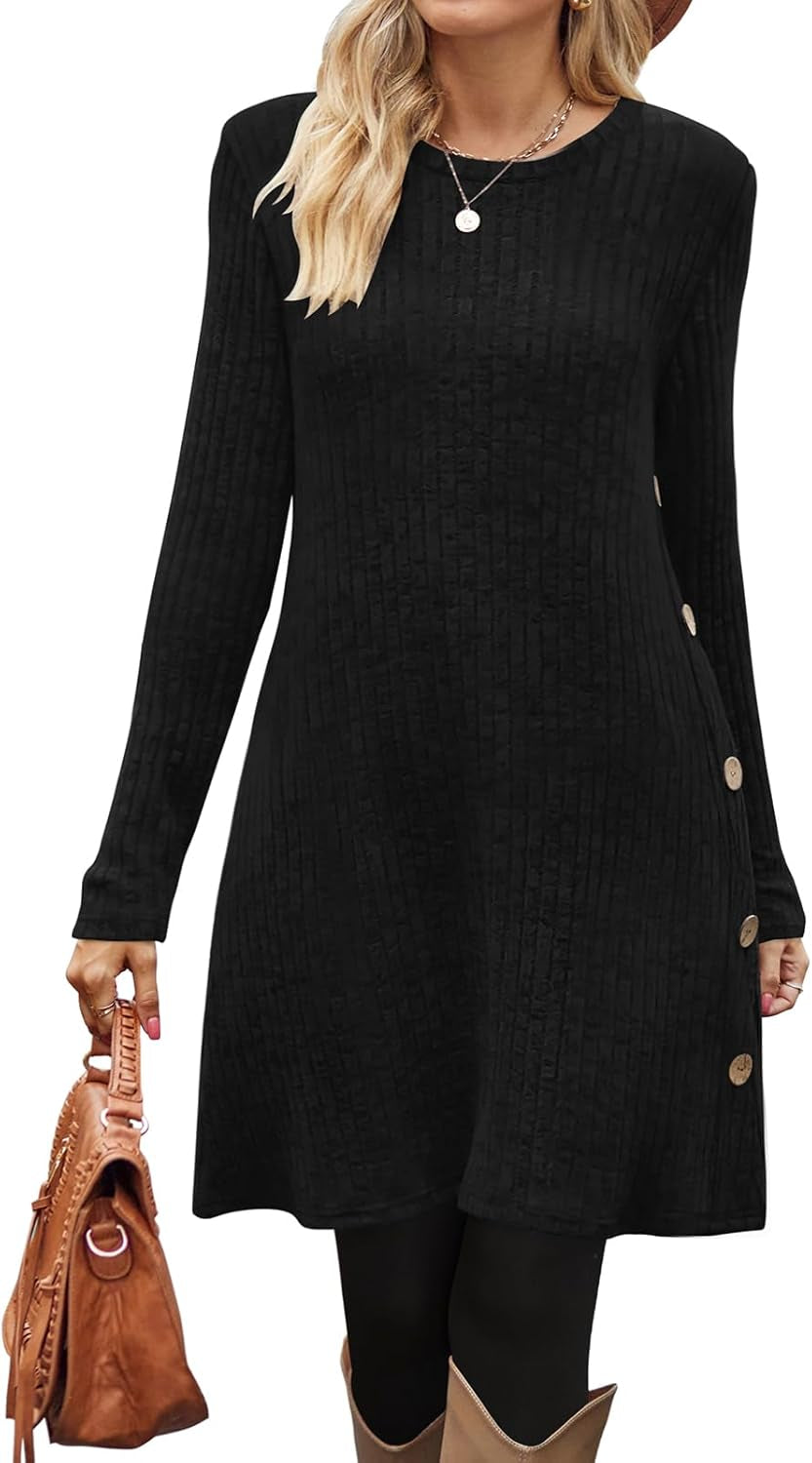 Fall and Winter Tunic Dress with Pockets Long Sleeve Crew Neck Buttons Side