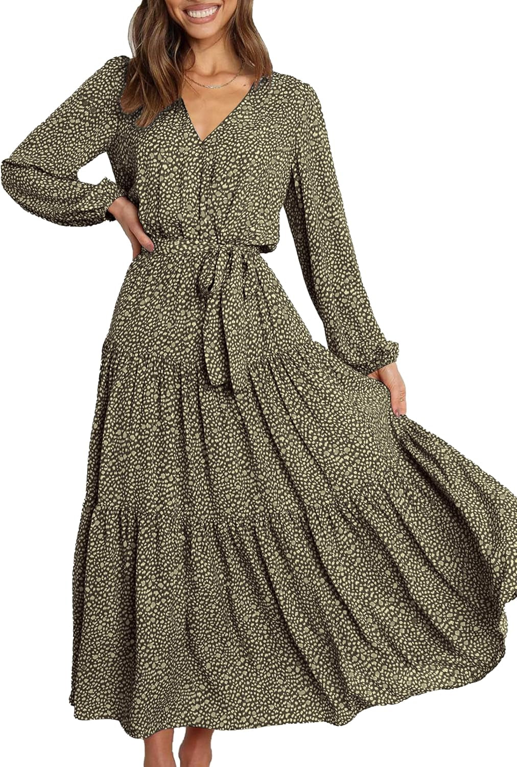 Womens Spring Long Sleeve Wrap V Neck Ruffle Floral Maxi Dress Casual Tie Waist Boho Chiffon Flowy Long Dresses