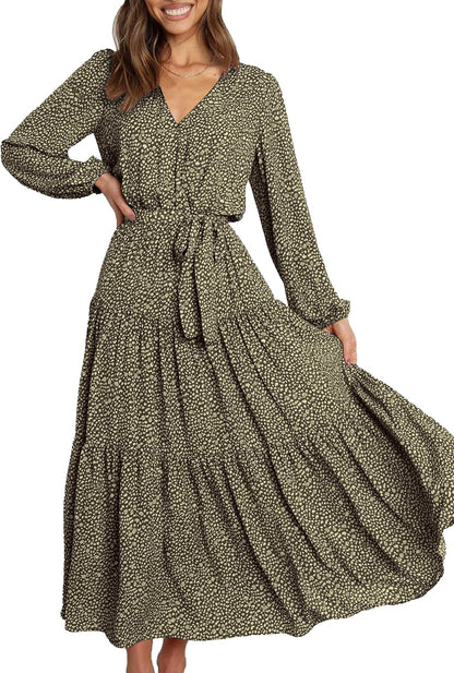 Womens Spring Long Sleeve Wrap V Neck Ruffle Floral Maxi Dress Casual Tie Waist Boho Chiffon Flowy Long Dresses