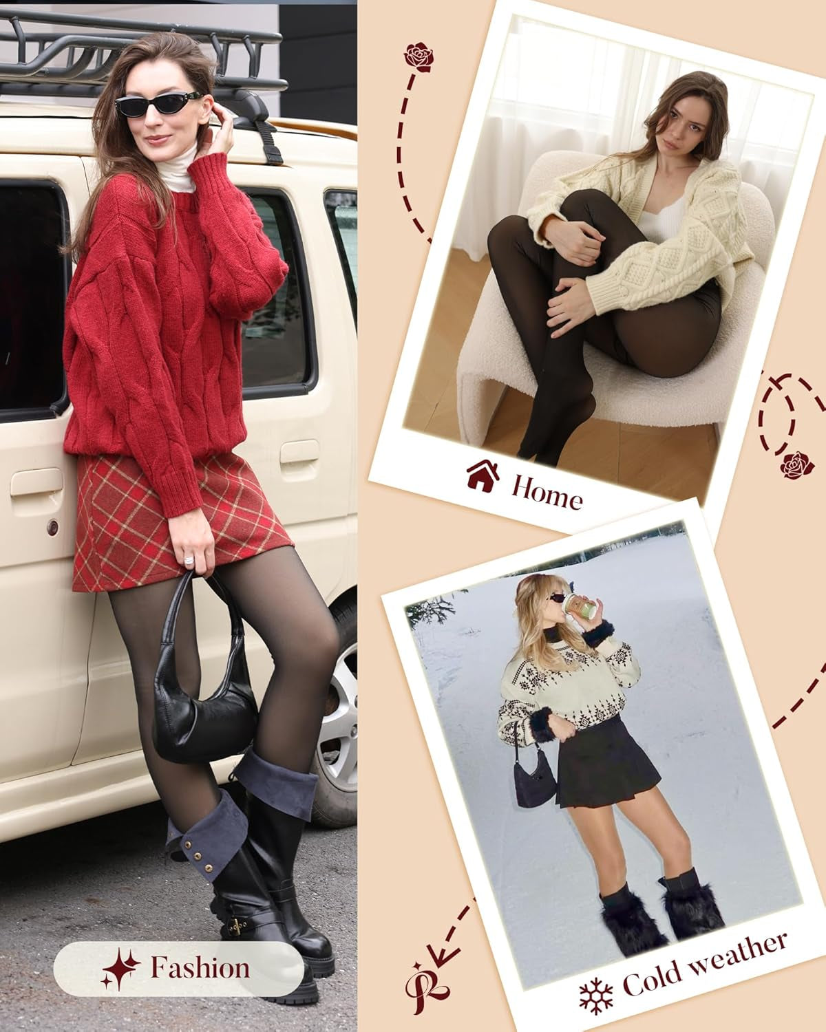 Fleece Lined Tights Women - Sheer Black Thermal Leggings Thick Warm Pantyhose Fake Translucent Dress for Cold Winter