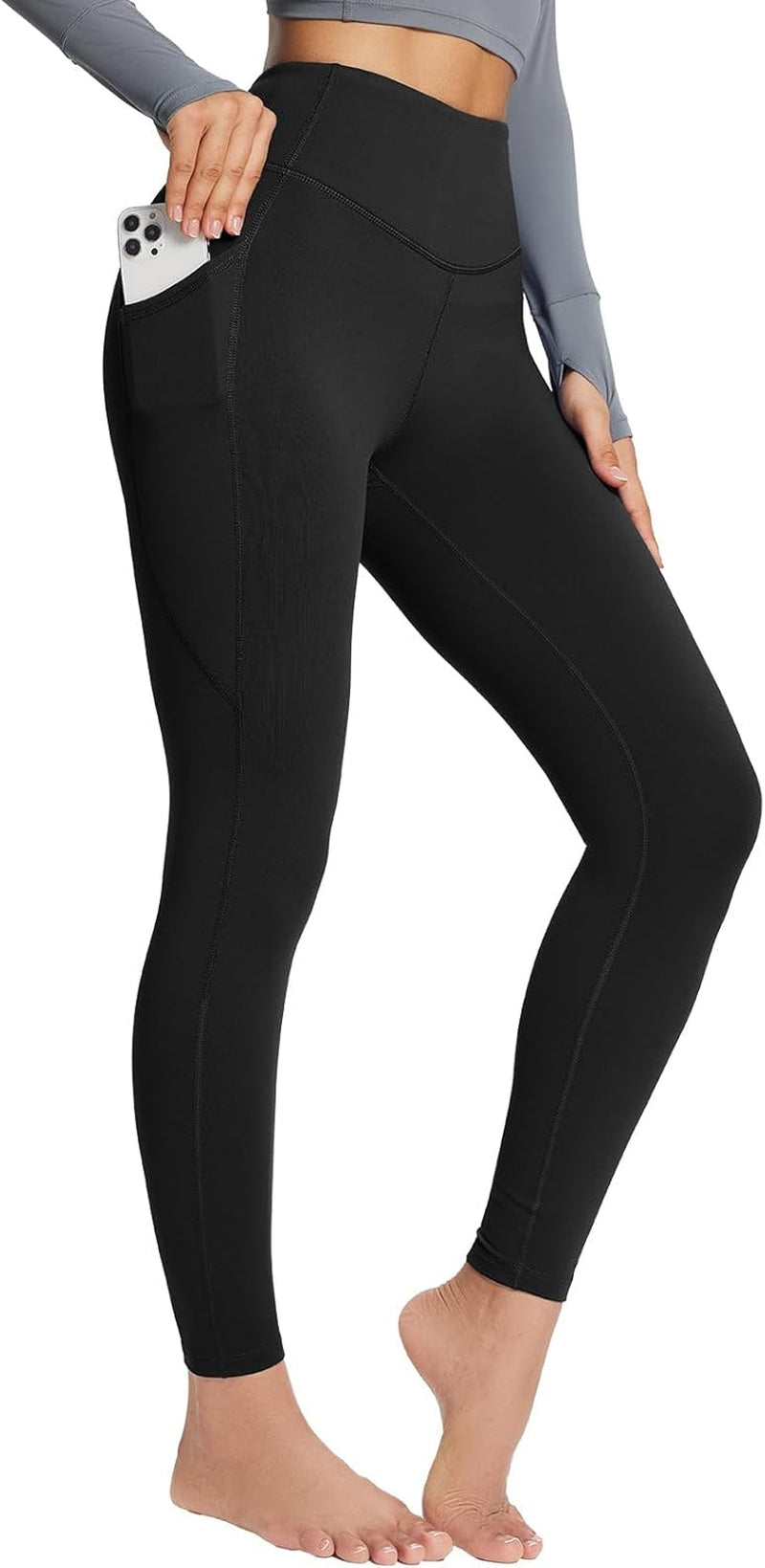 Women'S Petite Fleece Lined Leggings with Pockets, 25" Thermal Winter Warm High Waisted Thick 7/8 Yoga Pants