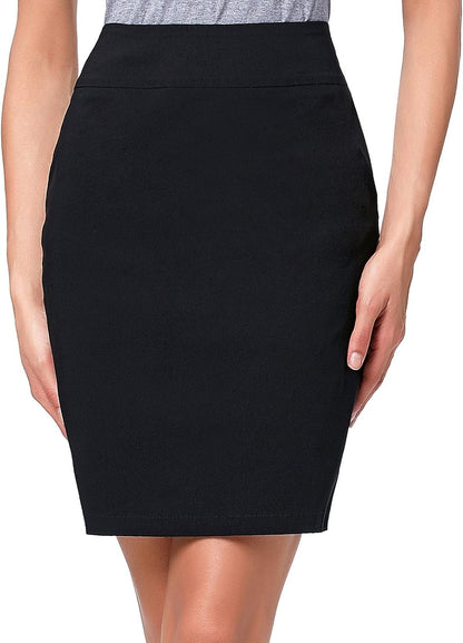 Women'S Stretch Knee Length Pencil Skirts High Waisted Slim Fit Business Casual Skirt