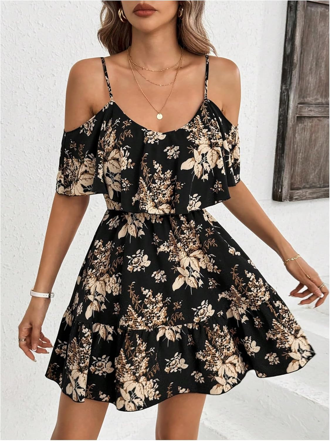 Women'S Boho Floral Print Cold Shoulder Dress Short Sleeve Ruffle a Line Vacation Elegant Mini Dresses