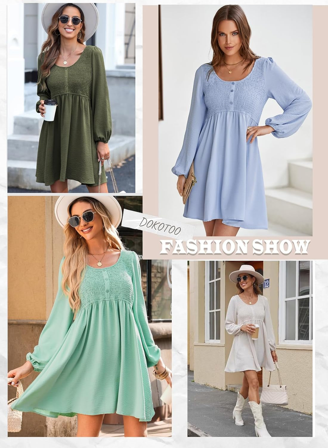 Womens 2025 Casual Dresses Smocked Crewneck Button up Long Sleeve Empire Waist A-Line Mini Dress