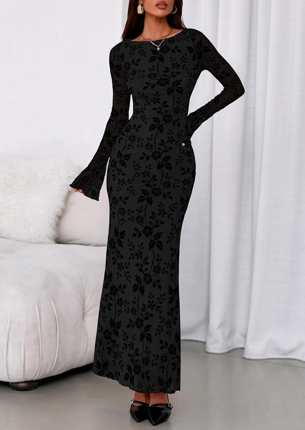 Women'S Floral Bodycon Maxi Dress 2025 Fall Elegant Mesh Long Sleeve Formal Wedding Guest Cocktail Dresses