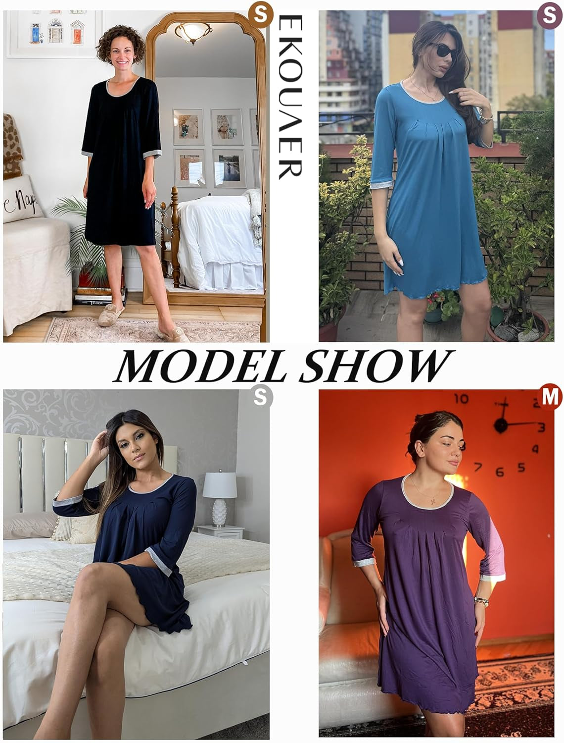 Women'S Pleated Nightgown Soft Sleep Shirt 3/4 Sleeve Pajama Dress Scoopneck Sleep Tee Nightshirt Sleepwear S-3XL