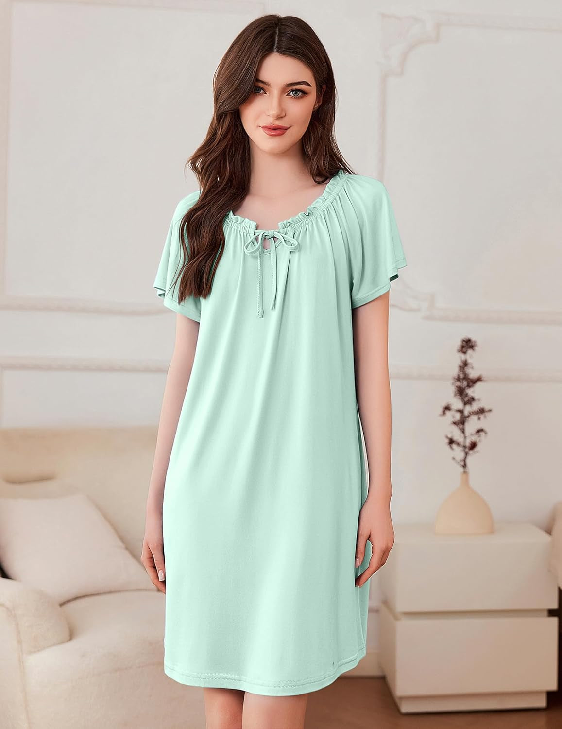 Nightgowns for Women Pleated Sleep Shirts Short Sleeve Night Shirts Comfy Ladies Sleepdress