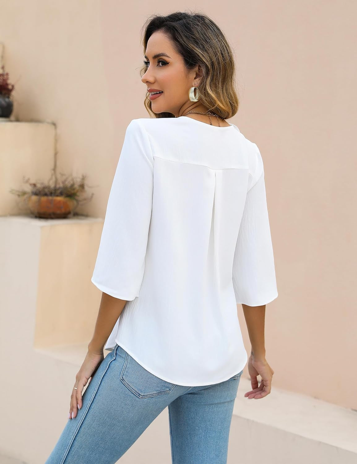 Womens Dressy Casual Blouses 3/4 Sleeve V Neck Ruffle Tops Business Ladies Summer Trendy Fashion Work Shirt