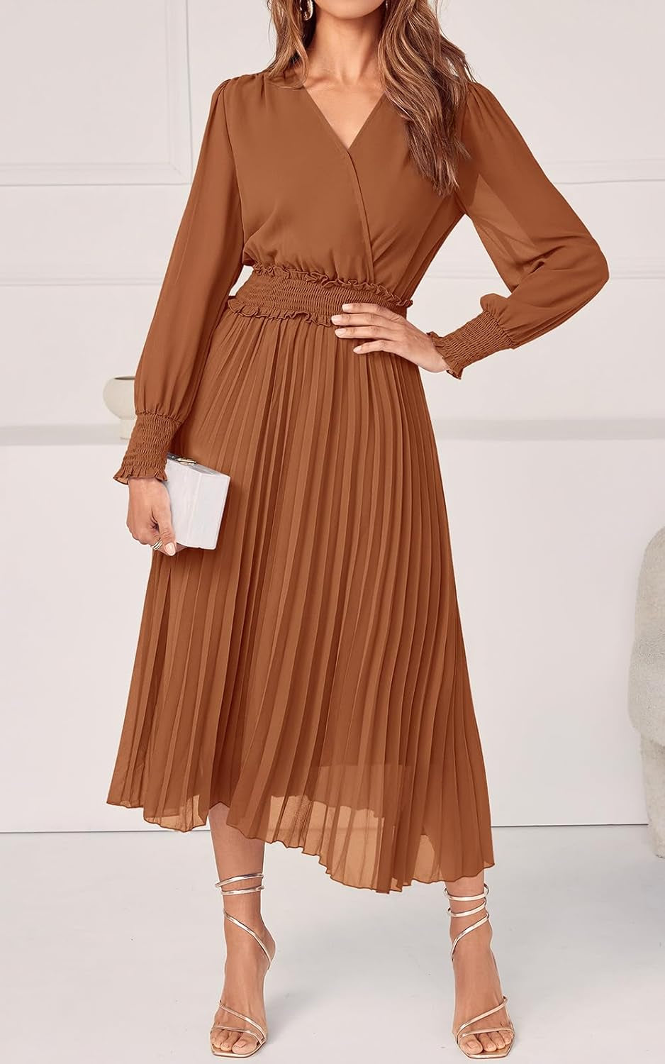 Womens Wrap V Neck Fall Dresses Wedding Guest Casual Pleated Long Sleeve Midi Dress Ruffle Smocked Long Dress