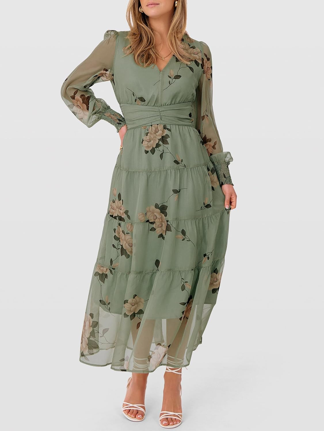 Womens Floral Long Sleeve Maxi Dress V Neck Chiffon Flowy Boho A-Line 2025 Fall Wedding Guest Party Wrap Dresses