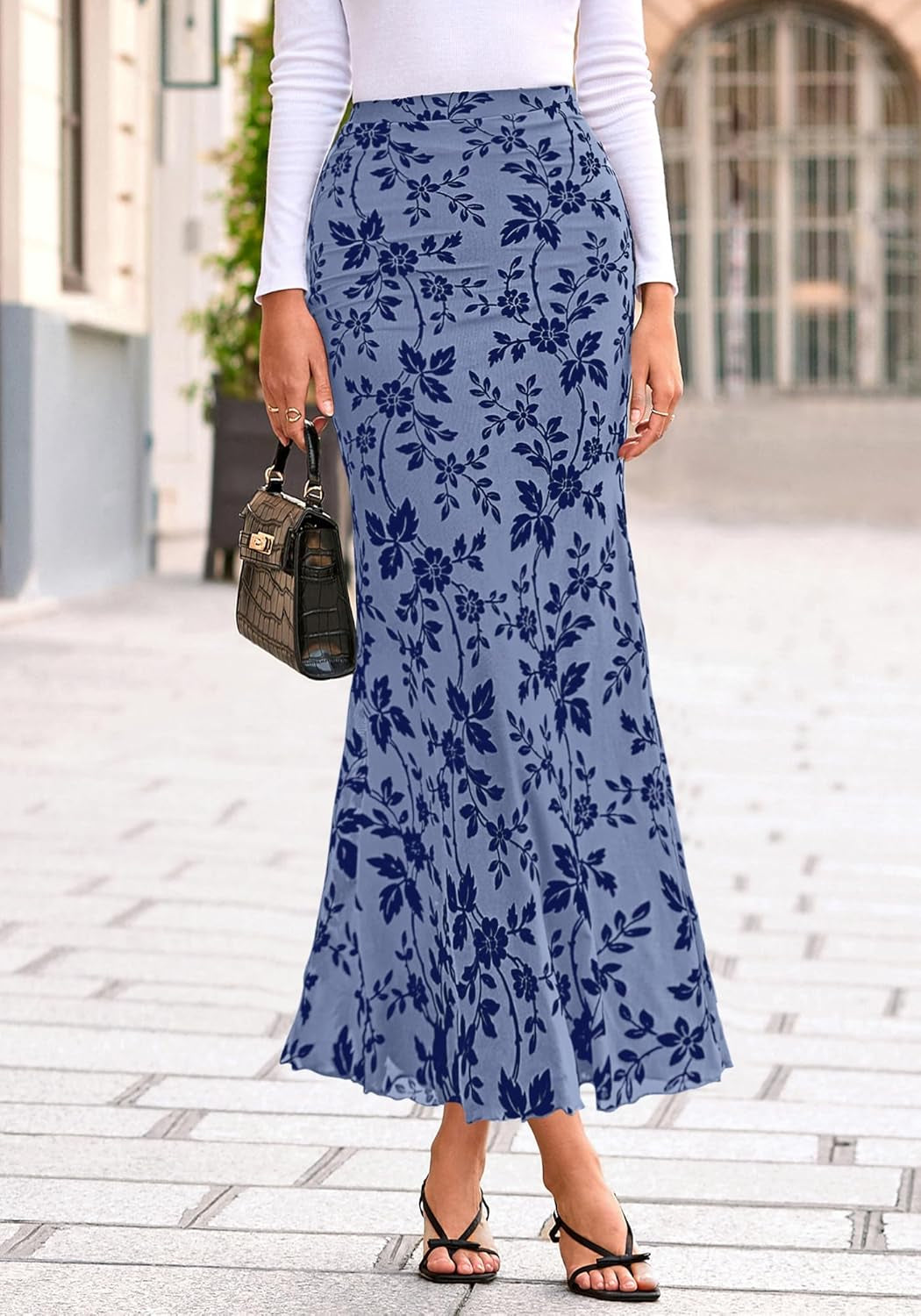 Womens Floral Mesh Maxi Skirt Elastic High Waisted Boho Elegant Mermaid 2025 Summer Fall Long Skirts for Women