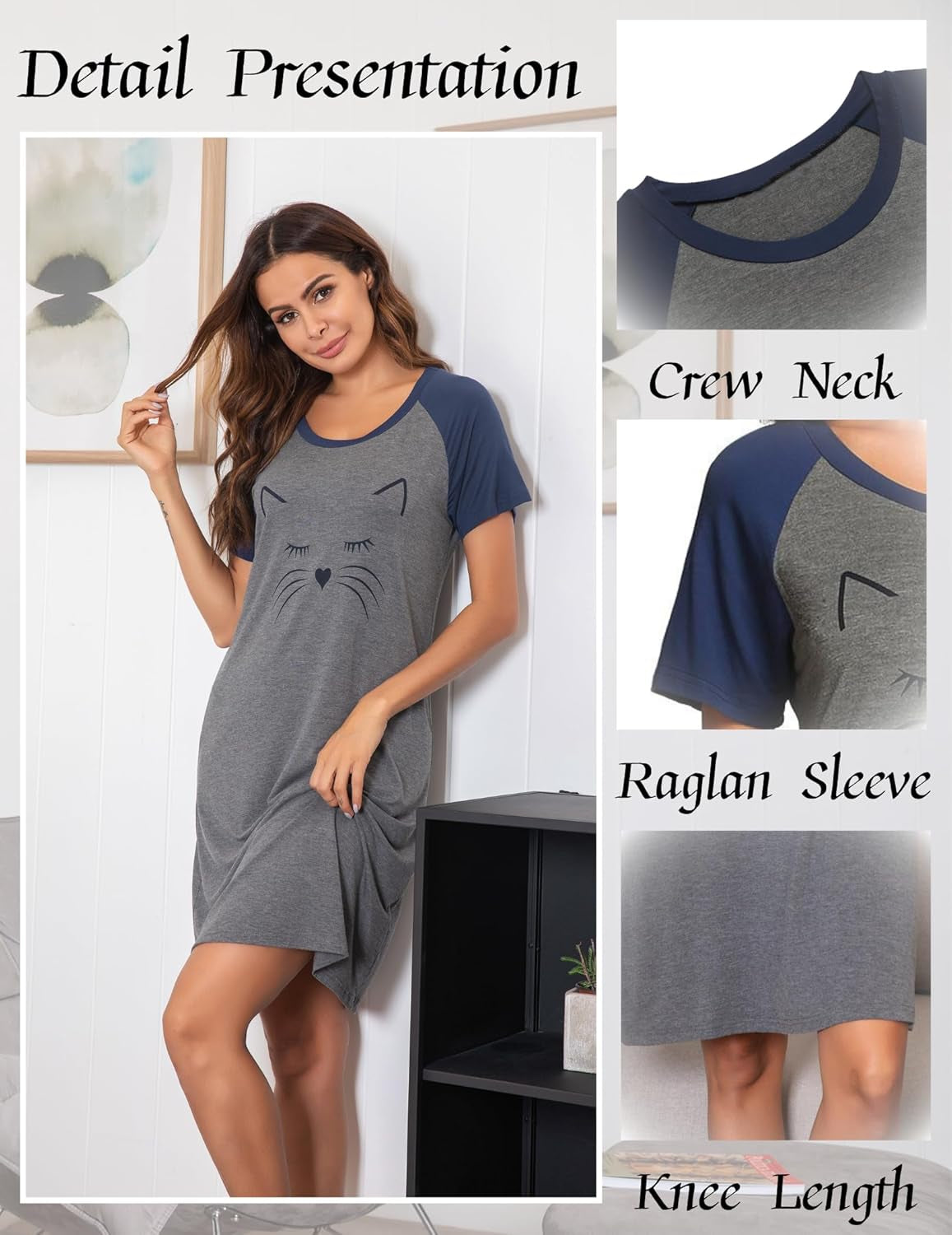 Womens Nightgown Short Sleeve Night Dress Printed Sleepwear Soft Sleep Shirt S-3XL