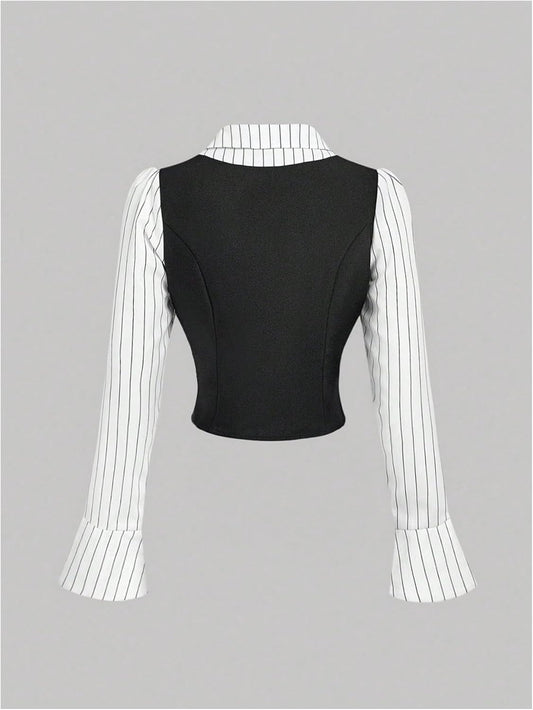 Women'S Striped Button down Shirts Long Sleeve Collar V Neck Work Business Casual Blouse Tops