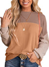 Womens Tops Fashion 2025 Color Block Long Sleeve Shirts Crewneck Knitted Casual Loose Pullover Blouses