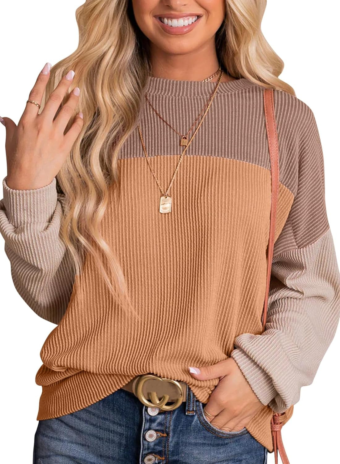 Womens Tops Fashion 2025 Color Block Long Sleeve Shirts Crewneck Knitted Casual Loose Pullover Blouses
