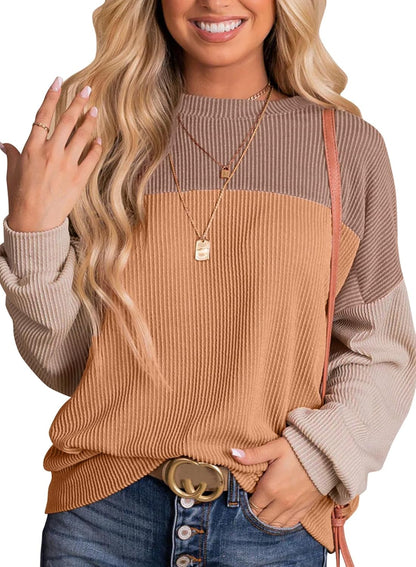 Womens Tops Fashion 2025 Color Block Long Sleeve Shirts Crewneck Knitted Casual Loose Pullover Blouses