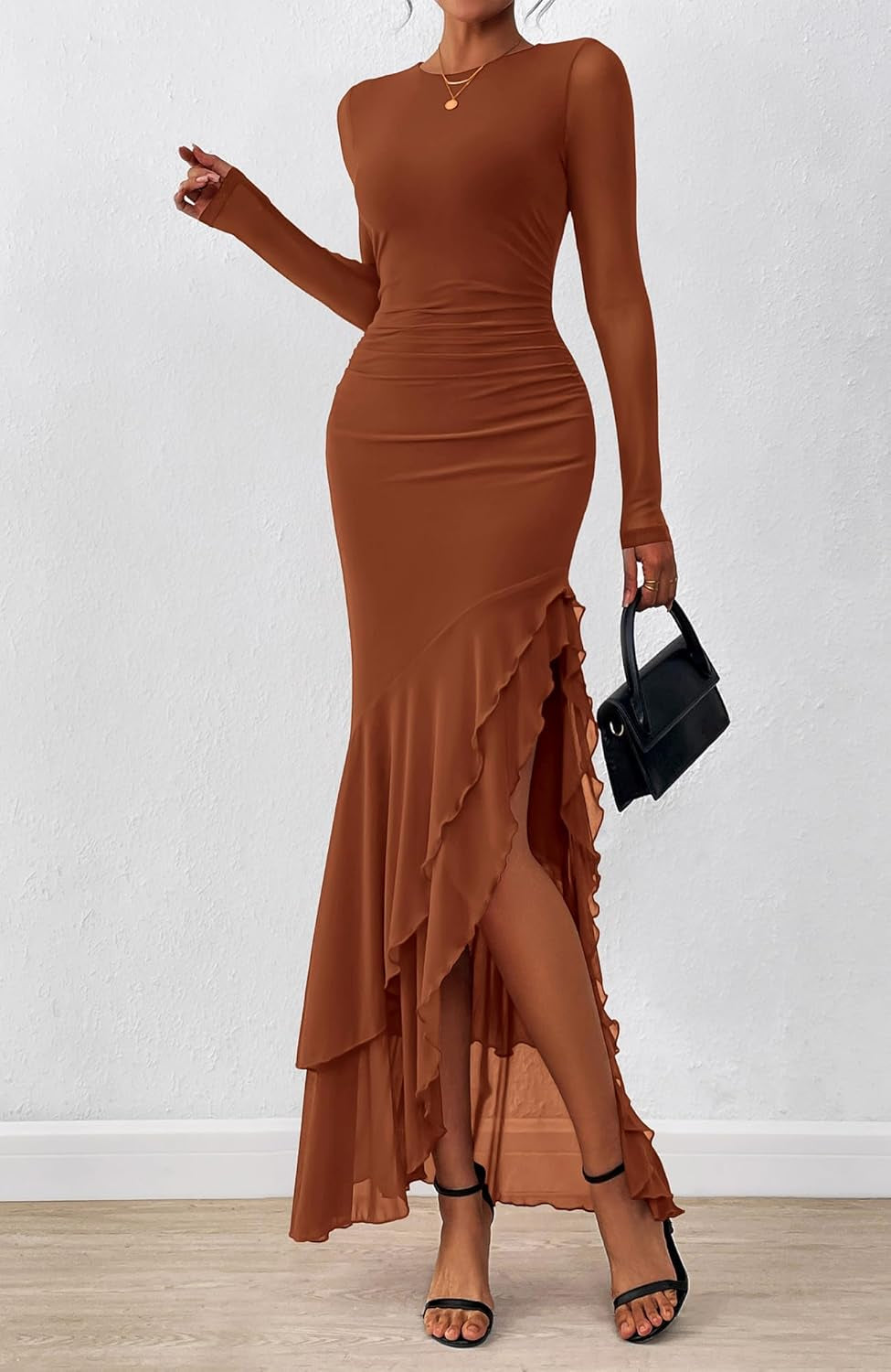 Women'S Maxi Dresses Fall 2025 Long Sleeve Ruched Bodycon Solid Ruffle Mermaid Cocktail Wedding Guest Dress