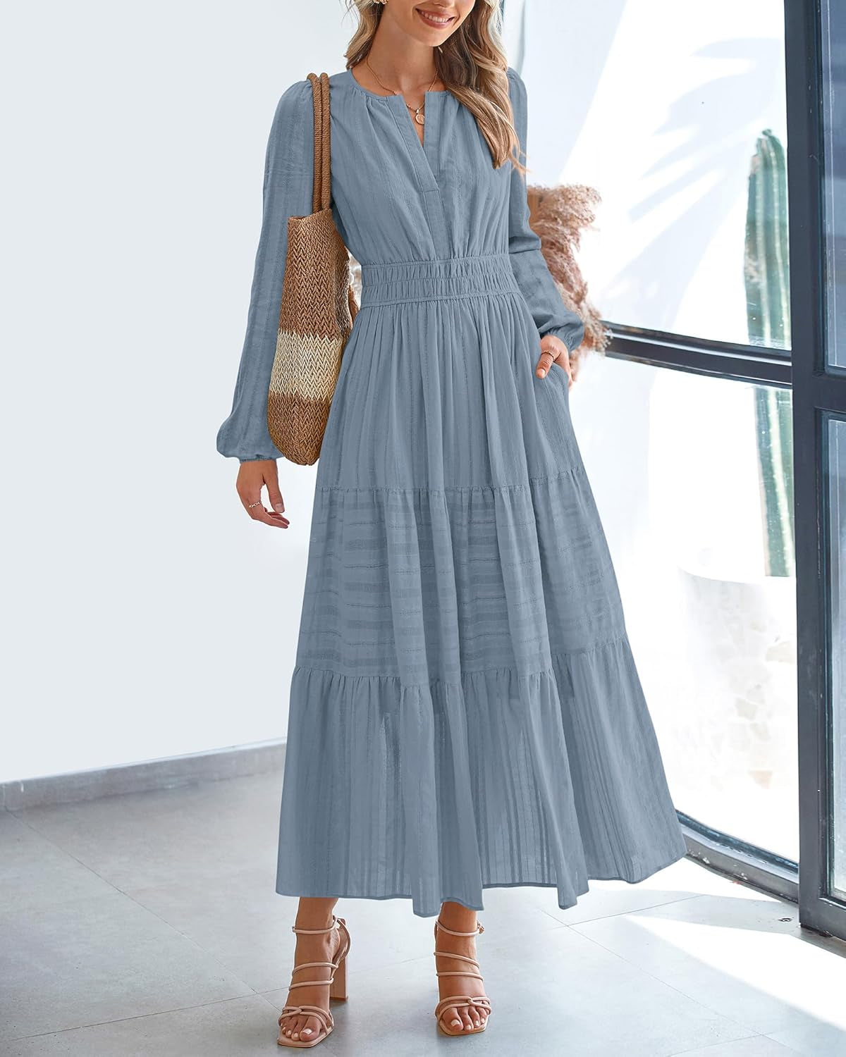 Fall Dresses for Women 2025 Casual Long Sleeve V Neck Elastic Waist Lightweight Maxi Wedding Guest Dress Pockets