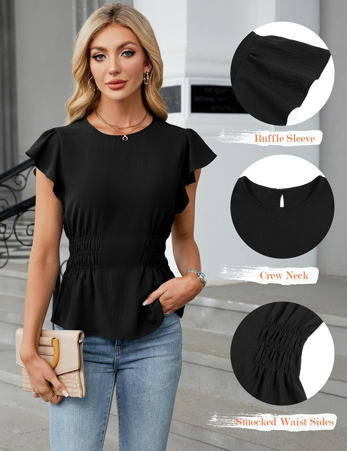 Women'S Dressy Casual Blouses Business Ruffle Short Sleeve Tops Summer Crew Neck Smocked Shirts