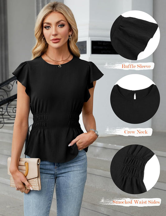 Women'S Dressy Casual Blouses Business Ruffle Short Sleeve Tops Summer Crew Neck Smocked Shirts