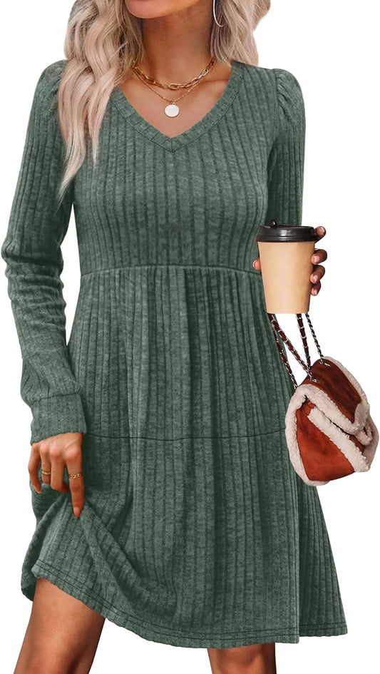 Womens V Neck Long Sleeve Fall Dresses Baby Doll Casual Sweater Dress Fashion Clothes