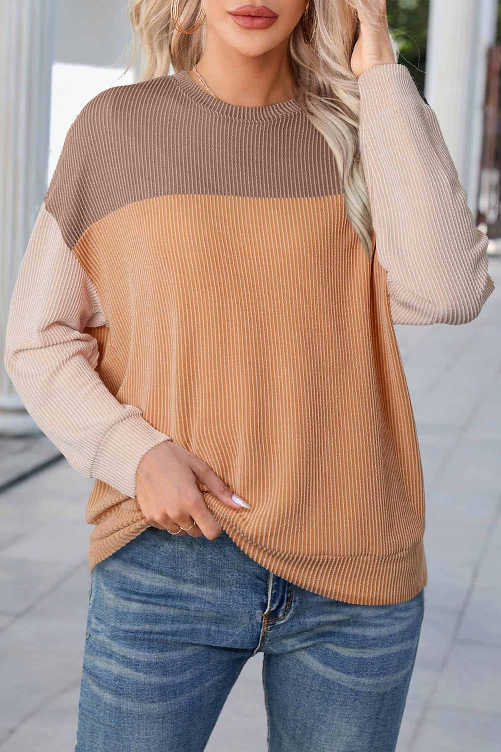 Womens Tops Fashion 2025 Color Block Long Sleeve Shirts Crewneck Knitted Casual Loose Pullover Blouses