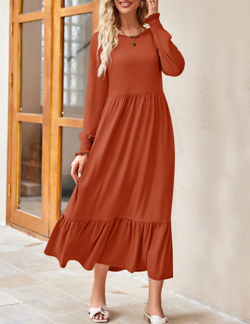 Women'S 2025 Fall Long Sleeve Dress Crewneck Casual Loose Pleated Tiered Swing Midi Dresses with Pockets