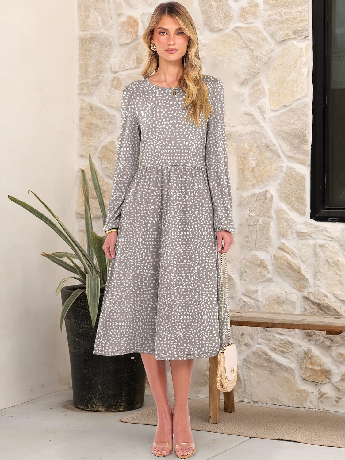 Women Long Sleeve Midi Dress Crewneck 2025 Fall Fashion Casual Flowy A-Line Long Dresses Vacation Outfit with Pocket