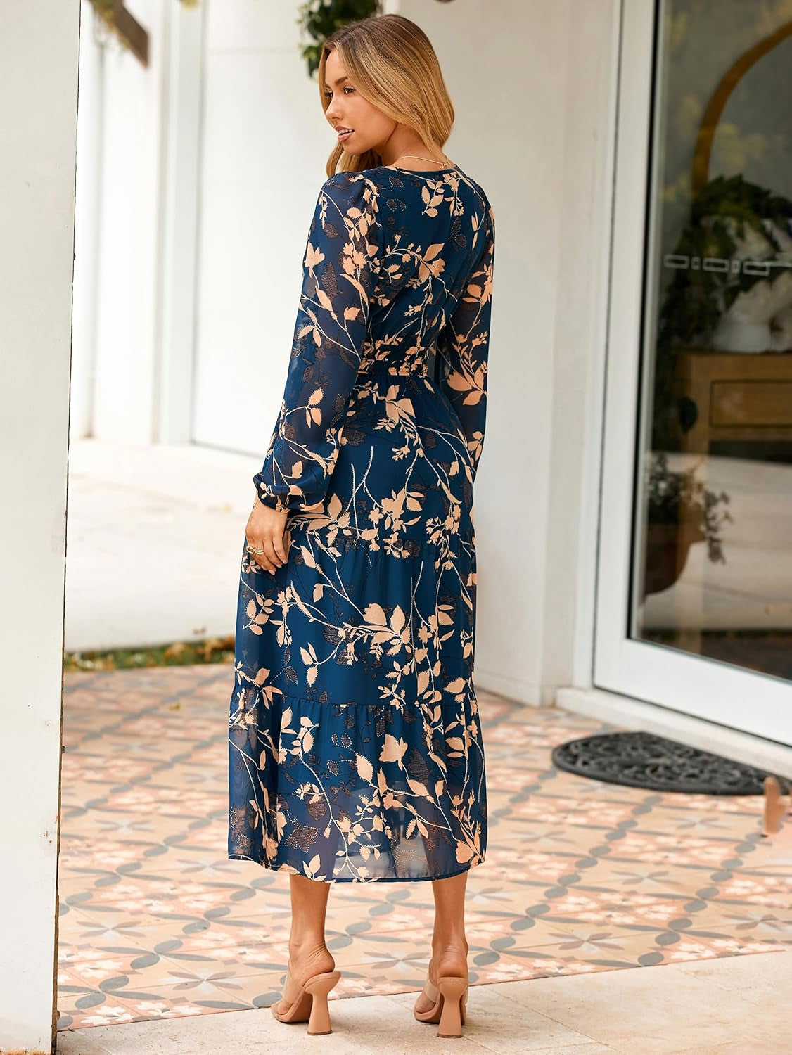 Women'S Floral Boho Long Sleeve Maxi Dress V Neck Empire Waist Swing Flowy Wedding Guest Dress