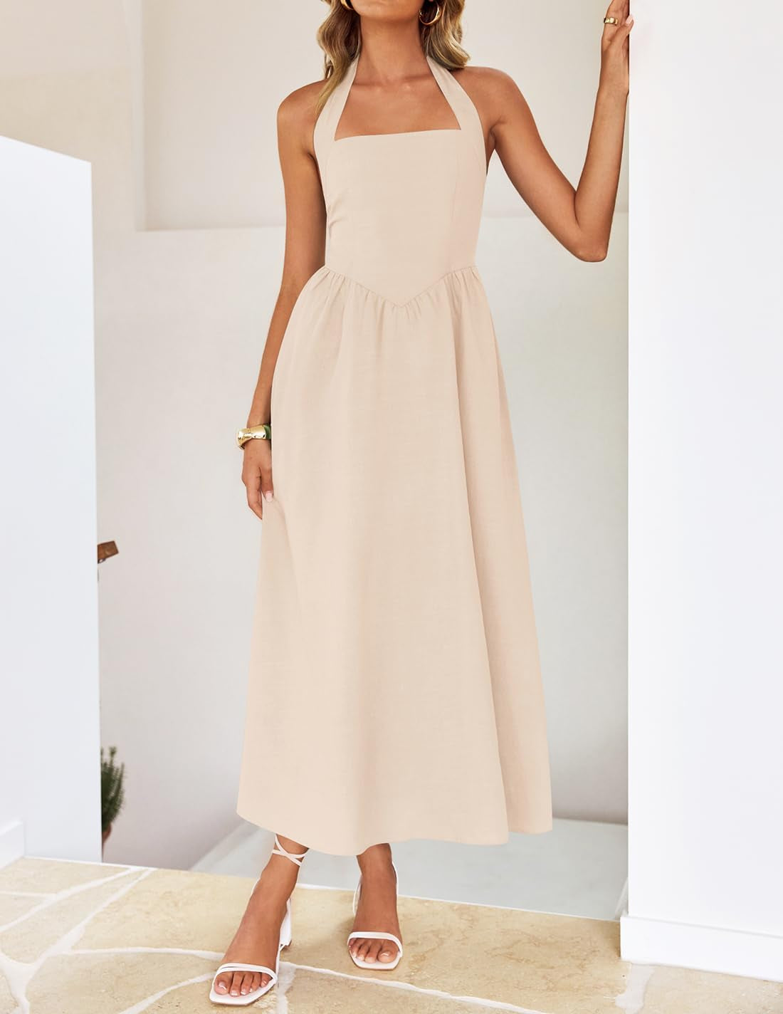 Women'S Summer Sleeveless Halter Midi Dress 2025 off Shoulder High Waist Swing Flowy Beach Long Dresses