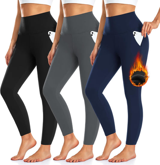 3 Pack Fleece Lined Leggings Women with Pockets -Warm Winter Yoga Pants for Women Thermal Running Workout Leggings