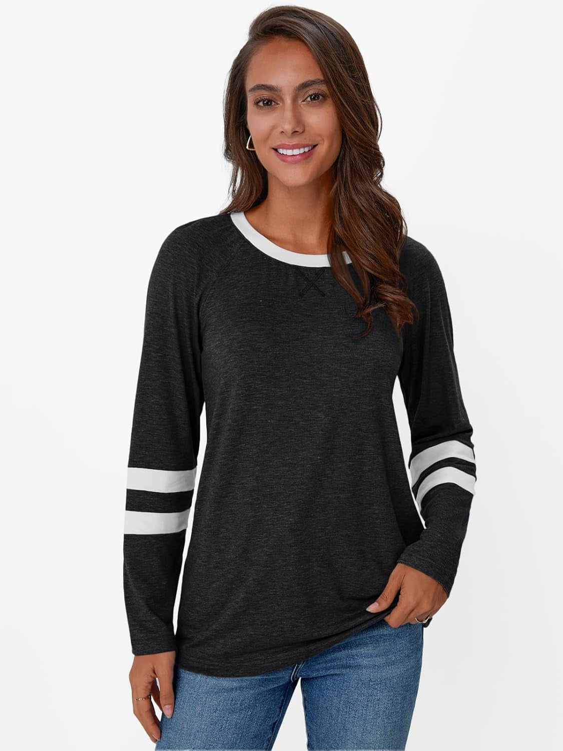 Womens Long Sleeve Shirts Color Block Casual Crewneck Tops Tshirt Basic Tee Fall Fashion Winter Clothing Outfits