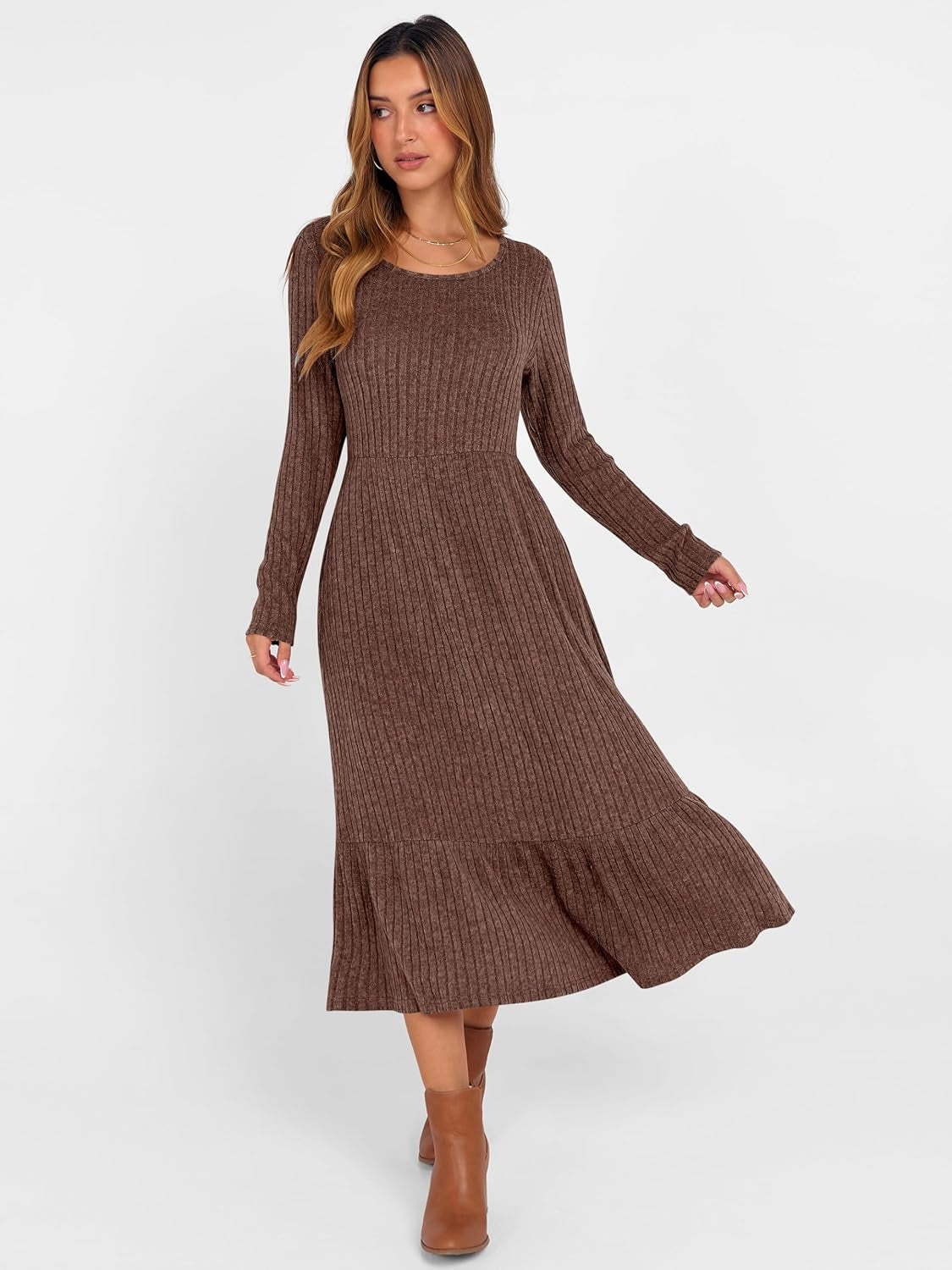 Womens Long Sleeve Midi Dress 2025 Fall Rib Knit Crew Neck a Line Soft Flowy Swing Dresses with Pocket Casual Trendy