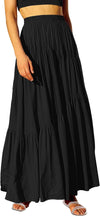 Women’S Boho Elastic High Waist Pleated A-Line Flowy Swing Asymmetric Tiered Maxi Long Skirt Dress with Pockets