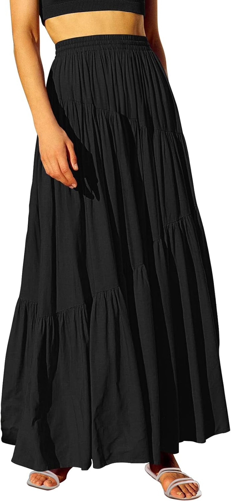 Women’S Boho Elastic High Waist Pleated A-Line Flowy Swing Asymmetric Tiered Maxi Long Skirt Dress with Pockets