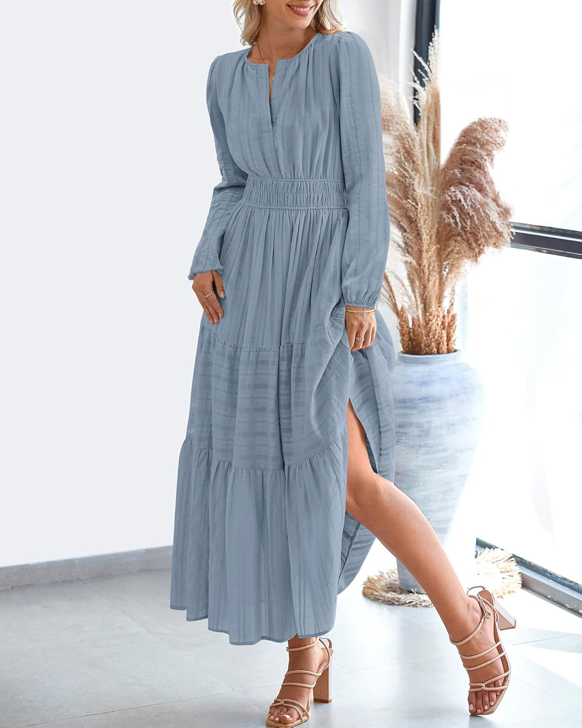 Fall Dresses for Women 2025 Casual Long Sleeve V Neck Elastic Waist Lightweight Maxi Wedding Guest Dress Pockets