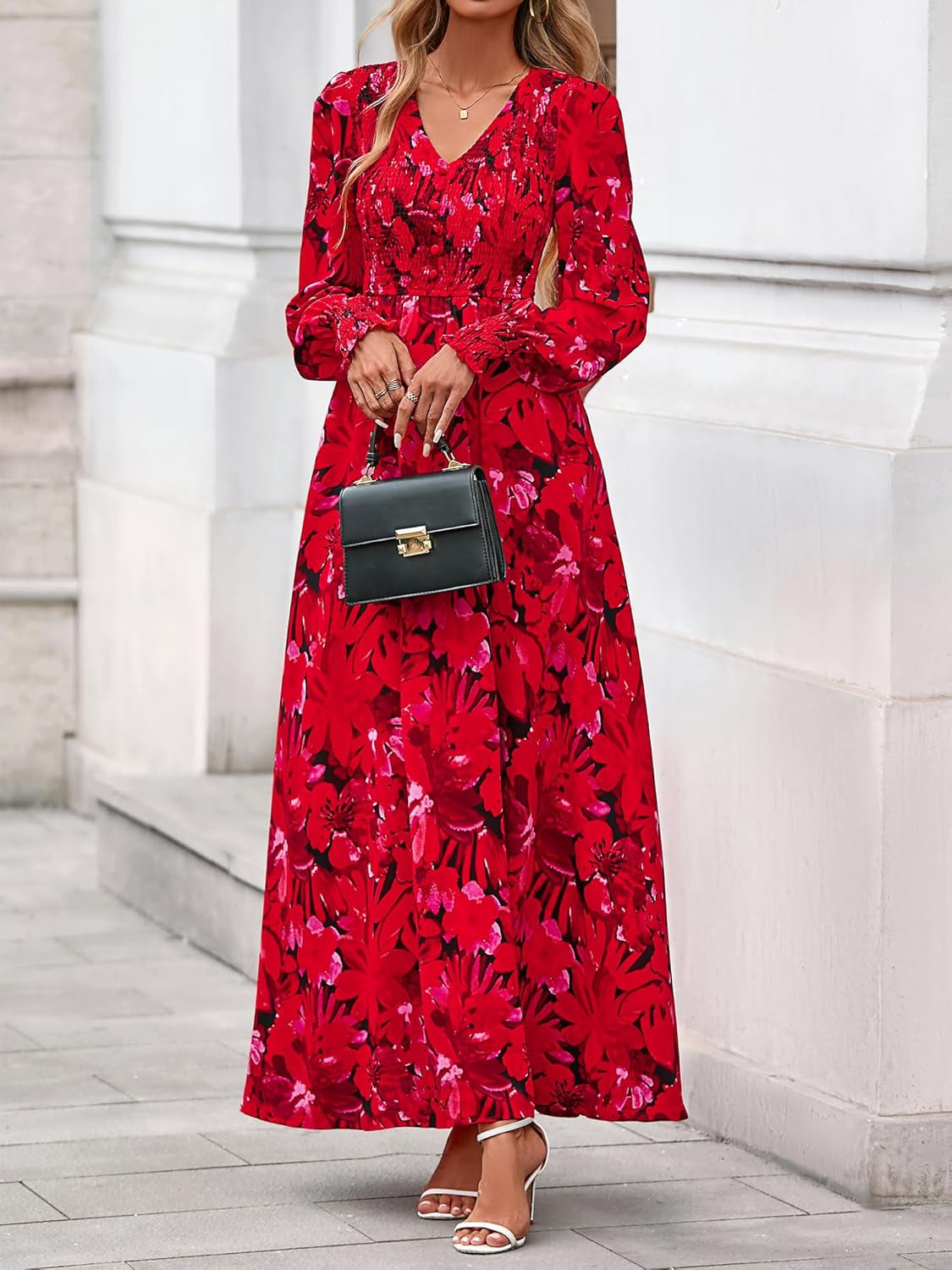 Women Fall Wedding Guest Maxi Dresses 2025 Floral V Neck Long Sleeve Boho Long Dress Vacation